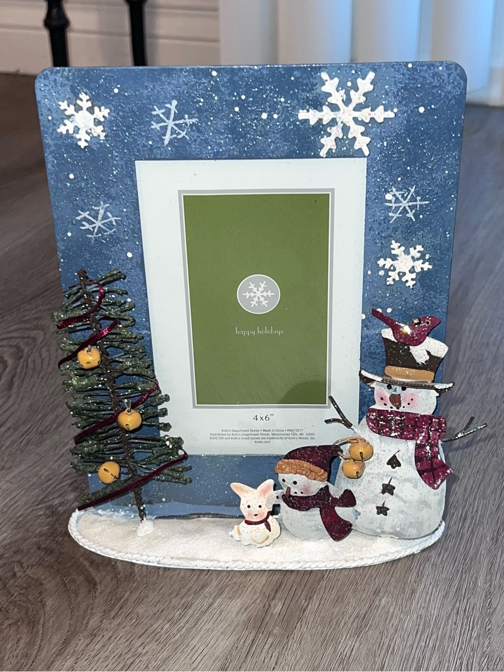Kohl's Christmas Snowman Glitter Freestanding Metal Photo Frame 4x6 Winter Blue